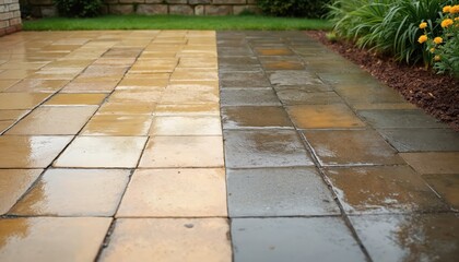 Fototapeta premium Wet patio cleaning comparison. Half section bright stone, other half dark dirt. Shows visual difference after pressure washing outdoor paving stones. Refresh your garden path.