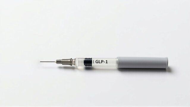 Professional studio shot of a glp-1 injection pen on a clean white background. This medical tool is used for diabetes treatment and weight loss therapy. High-resolution view with copy space
