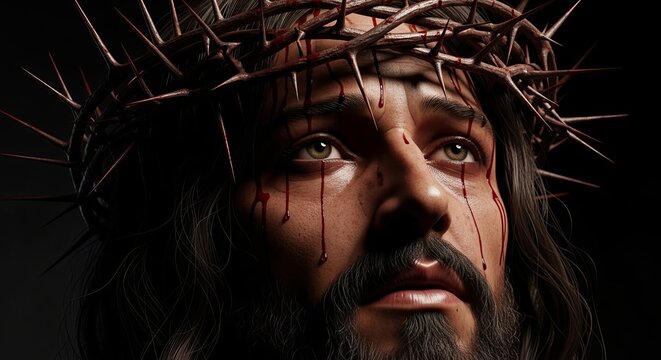 Jesus Christ portrait with crown of thorns and blood drops against dark background, Good Friday