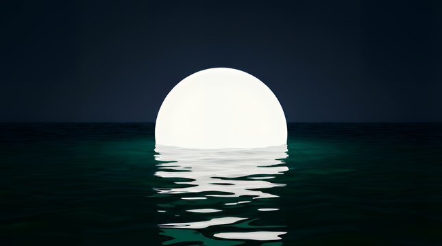 夜の海に浮かぶ巨大な満月と幻想的な波の反射