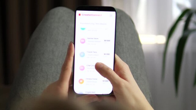 User browsing social media influencer profiles to request a collaboration. Detailed view of creator stats, pricing, and Request Collaboration button. Trendy footage for content about remote work, gig