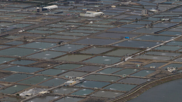 Aerial view of the vast network of rectangular aquaculture ponds with active water aerators near the Agongdian River in Shrimp farms, Kaohsiung City, Taiwan.