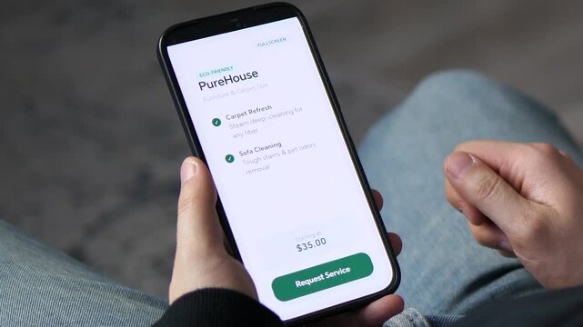 Booking eco-friendly home cleaning services on a smartphone. User chooses carpet and sofa refresh in a clean mobile app interface. Ideal for sustainability, household management, and modern lifestyle