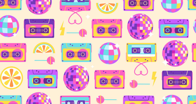 Retro seamless  pattern of 80s-90s with different colorful audio cassettes, disco ball and chupa chups. Vector illustration