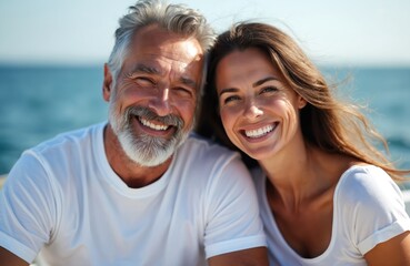 Fototapeta premium Mature couple smiles brightly by the sea. Gray haired man with beard, woman with long brown hair wear white shirts. They share happy moment, joy and love, vacationing outdoors.