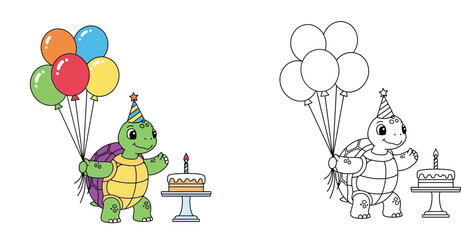Fototapeta premium Cute Birthday Turtle with Colorful Balloons and Cake Coloring Page and Illustration Set Vector for Kids Activities