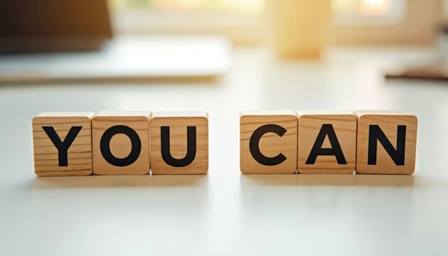 Wooden blocks with letters spell out YOU CAN on a white desk. This image promotes motivation and belief in ones ability to achieve goals. Positive affirmation for success and personal growth.