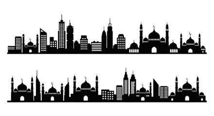 Obraz premium Islamic City Skyline Silhouette, Mosques and Modern Buildings, Black and White