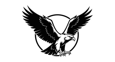 Fototapeta premium Majestic flying eagle with wings spread, a powerful black and white predatory bird illustration emblem, wildlife concept.
