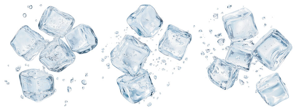 PNG Floating ice cubes with splashes on transparent background
