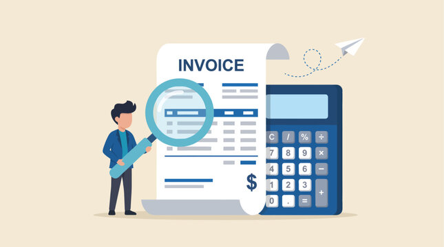 A tiny auditor meticulously examines a giant paper invoice using an oversized magnifying glass, standing proudly beside a massive blue calculator as a paper airplane glides smoothly in the background