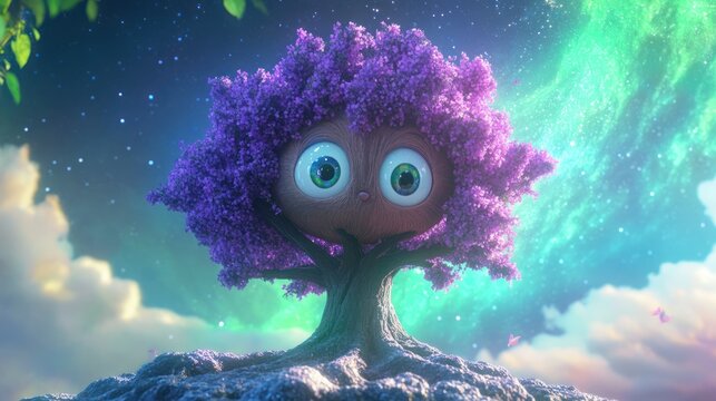 Magical tree, fantasy, night sky, whimsical, digital art