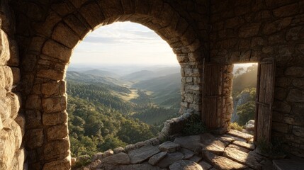 Obraz premium Stone Archway Overlooking Serene Valley at Sunrise, Nature's Gateway to Peaceful Horizons