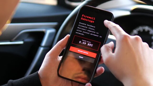 Cinematic shot of a cybercriminal browsing a darknet shop on a smartphone in a car. Interface shows firewall sabotage services for Bitcoin. Essential footage for cybersecurity threats, network