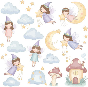 Whimsical illustration of sleeping fairytale princesses and dreamy scenery