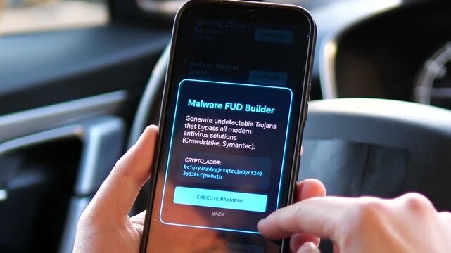 Close-up of a dark web hacker app on a smartphone. User purchasing malware builder with cryptocurrency. Concept of cybercrime, data breach, and digital security threats. Perfect for tech news