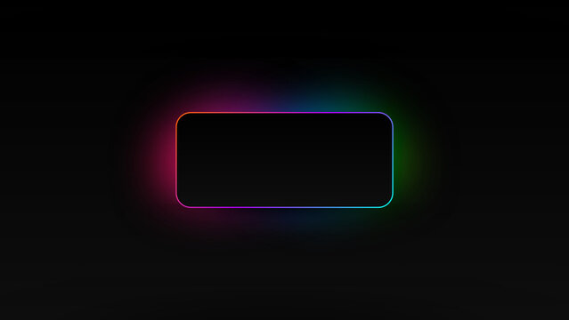 Glowing neon rounded rectangle frame on black background futuristic banner template with empty copy space for button label title text gaming interface overlay and modern tech design