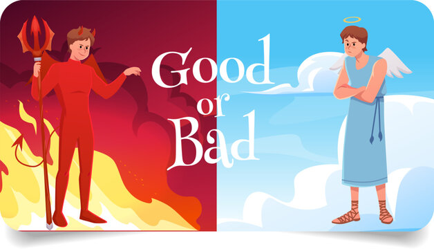 Good or bad vector flat banner, cartoon heaven and hell, devil and angel on different sides. Fire flame blue sky clouds
