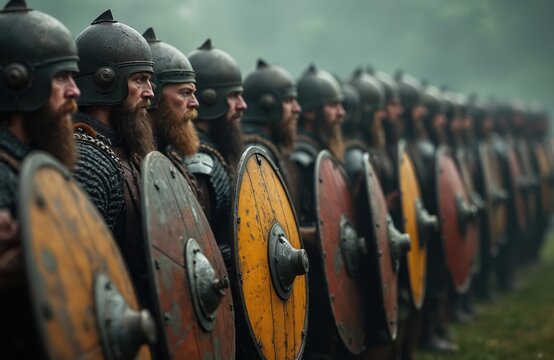 Vikings in armor stand in formation with round shields and helmets. Warriors prepare for battle in historical reenactment. Bearded men hold wooden and metal shields for defense.
