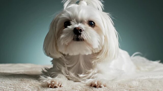 Cute White Maltese Dog with Top Knot Portrait on Soft Rug
