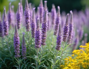 Obraz premium Field of Russian sage plants in bloom with lavender purple flowers and green stems. Tall spiky blooms grow in summer garden with yellow flowers nearby.