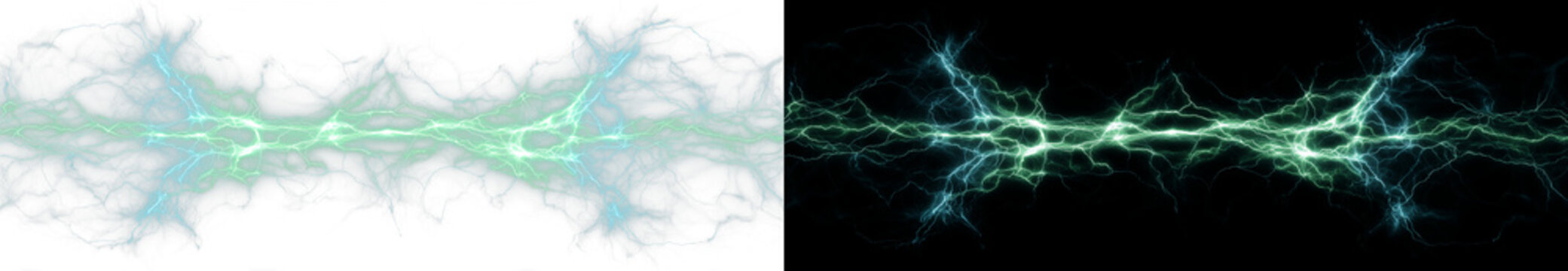 Green lightning nebula with misty glow and electric energy clouds, AI generated atmospheric effect on split background.

