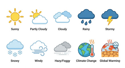 Obraz premium Illustrations of various weather conditions and climate-related icons