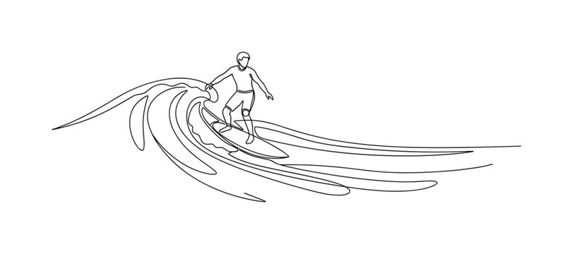 Wave Flow. Minimalistic one-line drawing a surfer riding a long smooth wave line, continuous single black line on white background, simple outline style, no