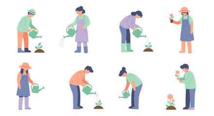 Fototapeta premium Diverse People Gardening, Watering Plants, Spring Activity Flat Illustration