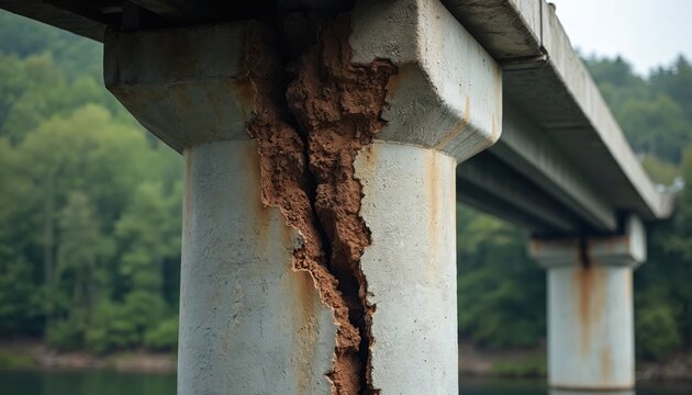 Close up of cracked concrete bridge pillar revealing rebar. Structural damage needs repair. Old transport infrastructure shows decay near water and trees. Safety concerns rise.