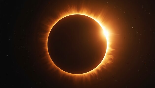 Sun obscured by moon during solar eclipse totality showing brilliant corona. Celestial event unfolds in deep space with distant stars visible.