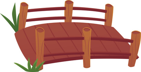 Fototapeta premium A brown wooden bridge made of planks with railings and green grass.