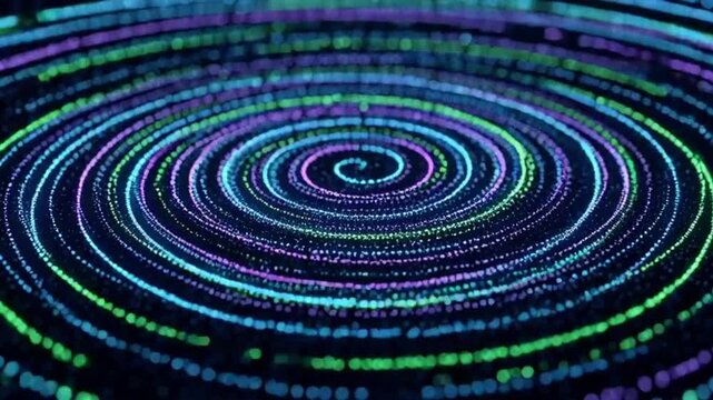Vibrant digital spiral pattern with colorful neon lights