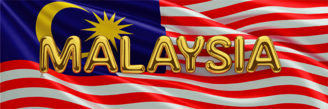 Malaysia flag illustration with gold 3D text, Jalur Gemilang patriotic background, Malaysian independence and national celebration art