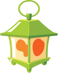 Obraz premium Vintage magic lantern flat vector, fairytale antique hanging candle holder green cube shape with handle, wizard lamp