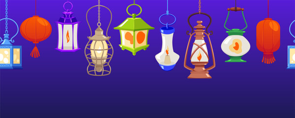 Obraz premium Fairytale antique hanging lanterns on blue background, vector cartoon vintage magic wizard lamps with burning candle