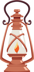 Obraz premium Vintage lantern with burning candle, vector cartoon antique hanging bronze holder with handle, medieval kerosene lamp