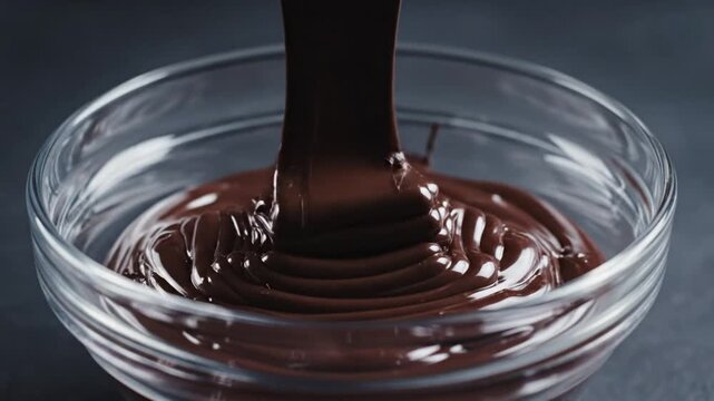 Luxurious liquid dark chocolate pouring into a glass bowl, creating ripples and patterns