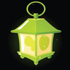 Obraz premium Vintage magic lantern with sparkles glowing on dark background, fairytale antique hanging candle holder green cube shape