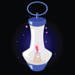 Obraz premium A curved glass lantern with a burning candle, glow, and sparks, on a black isolated background.