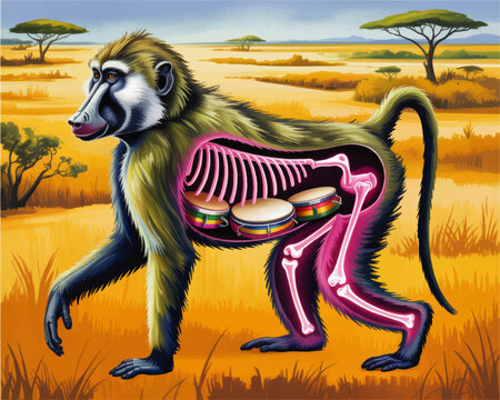 Surreal baboon anatomy illustration with neon skeleton and colorful drums inside body in vibrant African savanna landscape