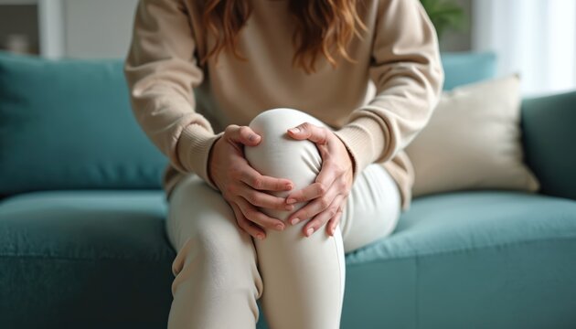 Person with knee pain holds sore joint. Woman feels discomfort sitting on sofa. Female has ache in leg, needs medical help. Joint injury or arthritis problem.