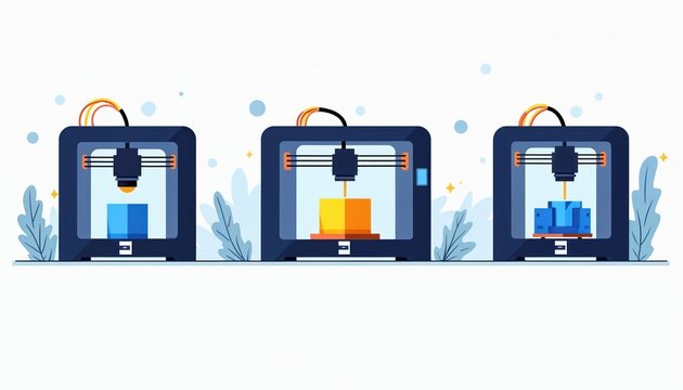 Three modern 3D printers create objects. Blue, orange, and blue items emerge from machines. Flat design shows tech progress and manufacturing process. Future creation methods shown.
