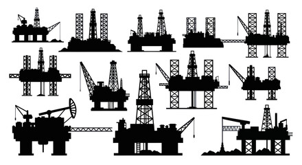 Fototapeta premium Black White Silhouette of Oil Rigs and Drilling Platforms