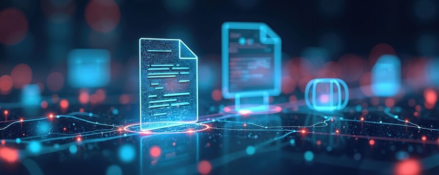 Digital documents file icons. Data organization charts and networks. Financial analysis graphs and reports glow on dark background. Tech connections and metrics visualized.