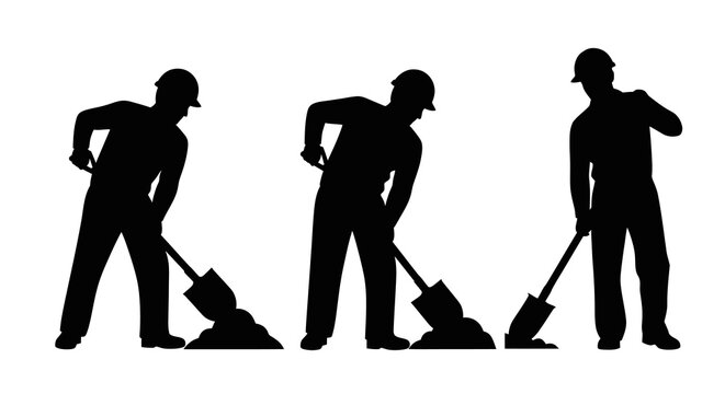 Black Silhouette Construction Workers Digging With Shovels, Vector Graphic
