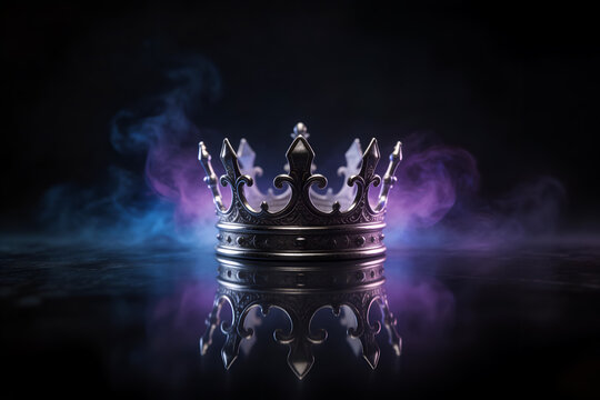 Luxurious crown with purple and blue accents sits on reflective surface surrounded by swirling magical smoke ethereal blue purple