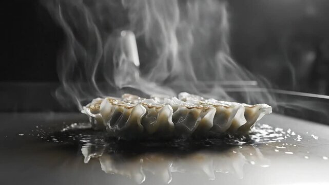 Close-up of crispy pan-fried dumplings cooking on a hot griddle with visible steam in a moody grayscale.