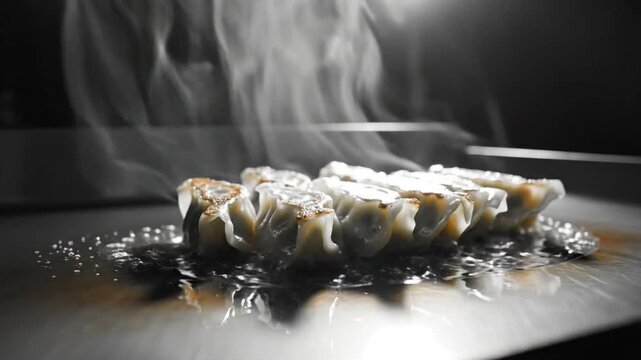 Close-up of freshly cooked gyoza dumplings sizzling on a hot cooking surface with steam rising