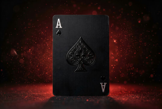 Dark ace of spades playing card with intricate details and red bokeh background